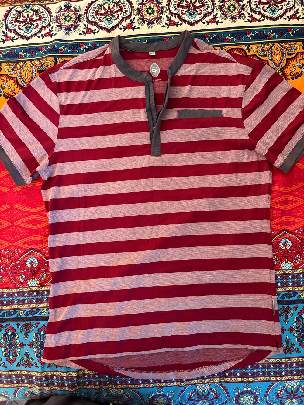 Club Ride Apparel Men's Striped Henley Tee - Burgundy & Light Gray